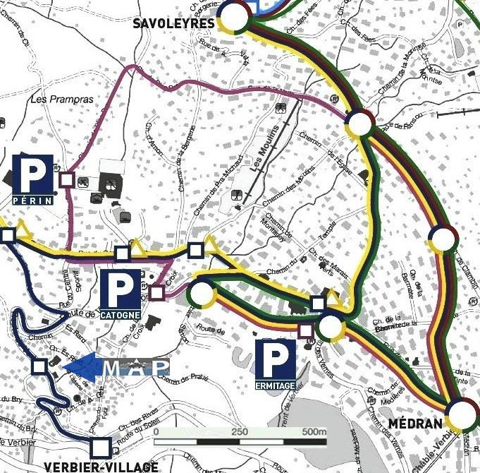 Plan der Linie 4 in Dunkelblau mit MAP und Skala